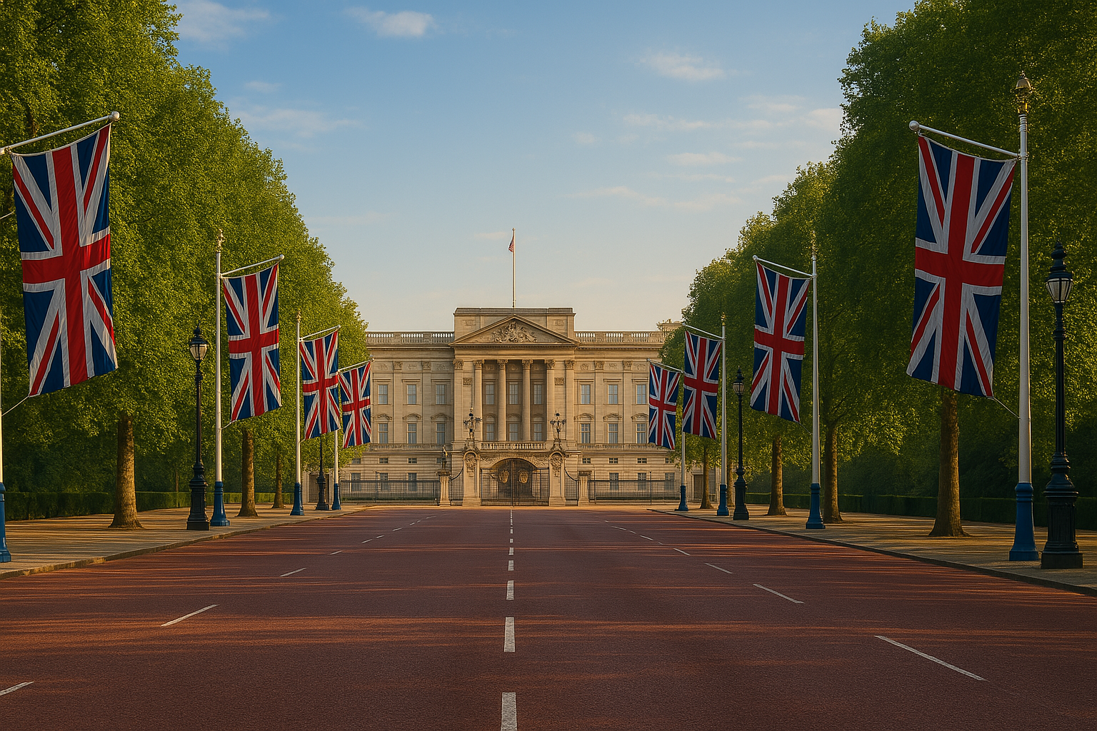 Buckingham Palace with Union Jack flags